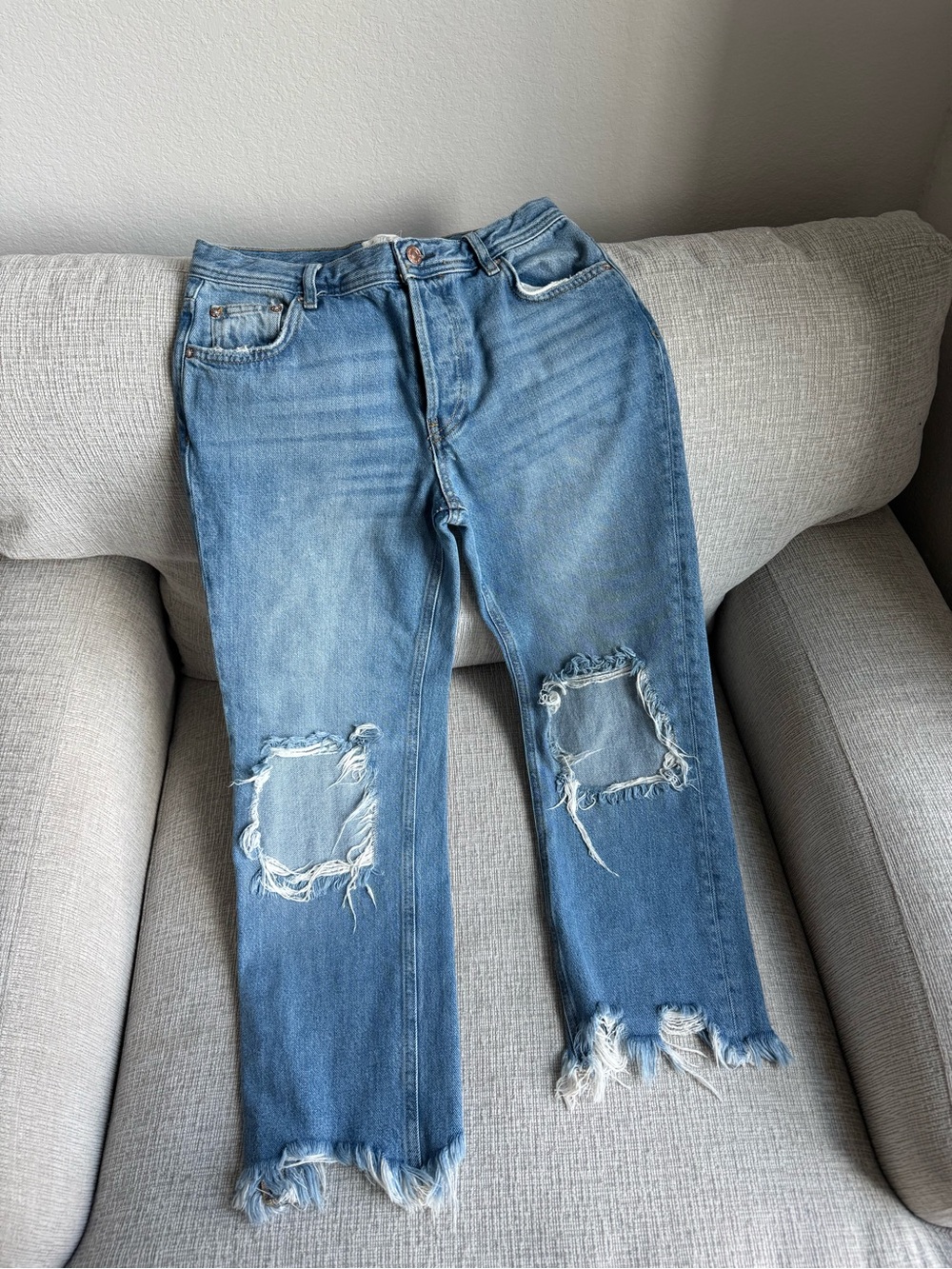 We The Free Light Blue Distressed Straight Leg Jeans